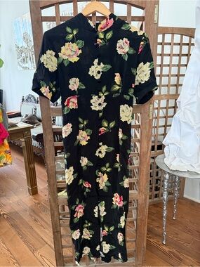 Black Floral Midi Dress with Mandarin Neck